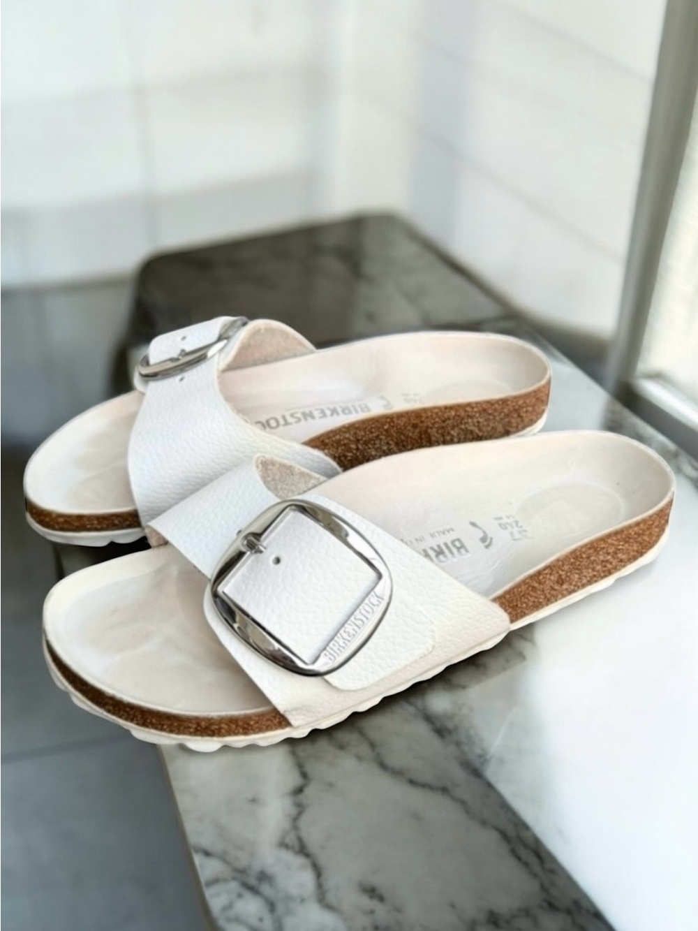 Birkenstock Madrid Big Buckle White Leather Sandals Slides
